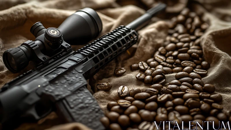 Precision rifle optic juxtaposed with dispersed coffee beans.