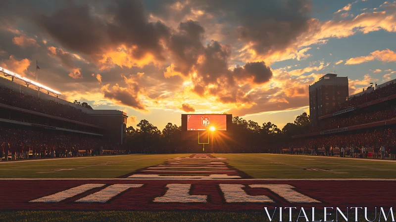 Stadium sunset ignites the goalpost in molten evening light.