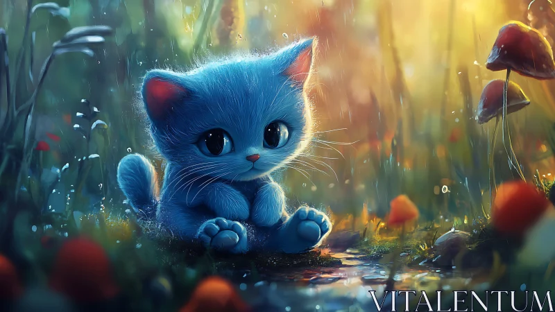 Cerulean Guardian: A Luminous Feline's Enchanted Garden.