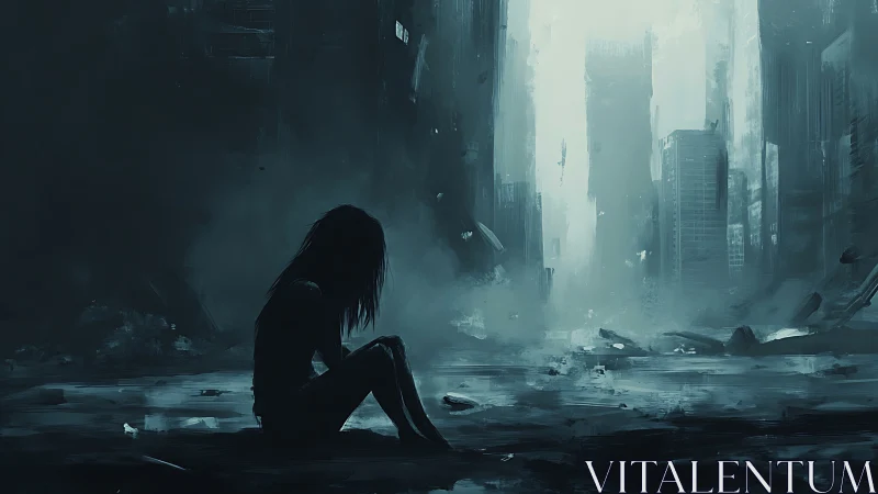 Solitary figure contemplates ruins within fog drenched cityscape