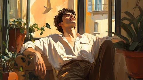 Young man rests in warm sunlight beside potted plants