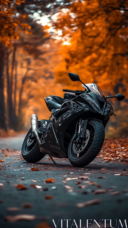 Midnight superbike pauses on an ember-tinted autumn road.