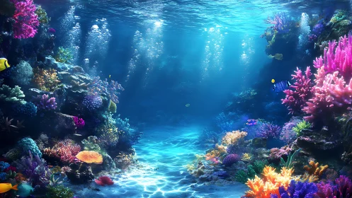 Digital seascape of luminous coral reef canyon composition.