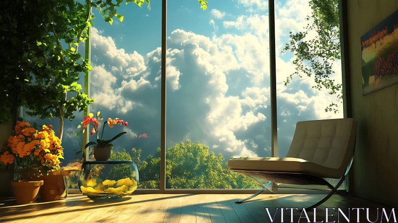 Interior corner with chair, plants and large sky window.