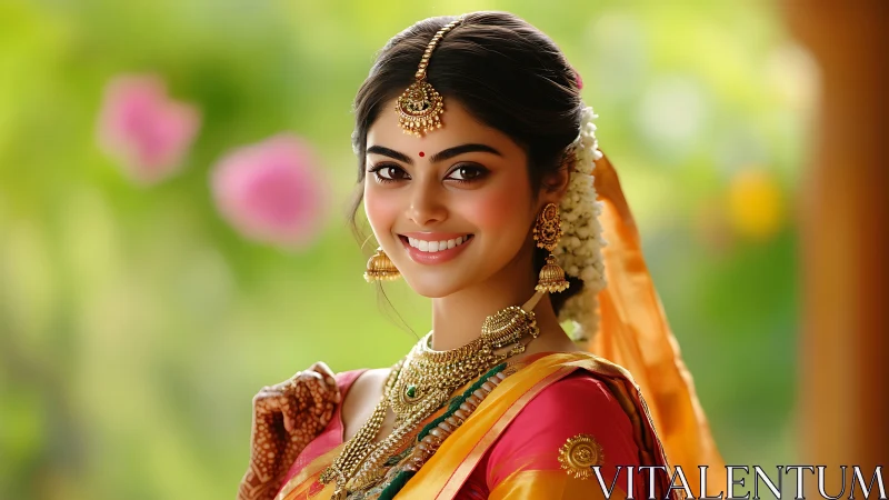 Digital portrait shows woman in traditional attire outdoors