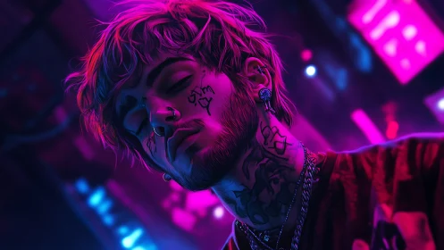 Neon portrait of tattooed youth in cyberpunk city glow.