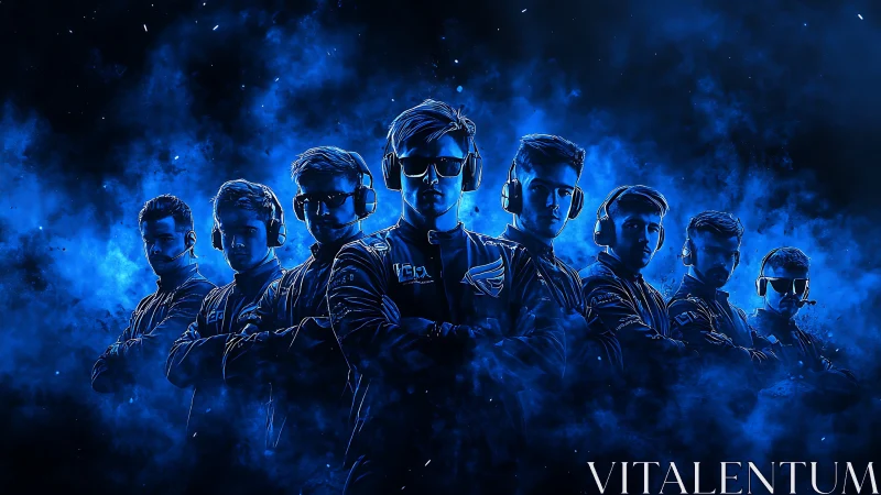 Esports team lineup in blue vapor, headphone-equipped figures.