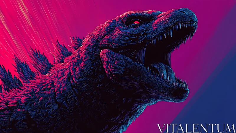 Neon kaiju reptile profile with open jaws on gradient field.