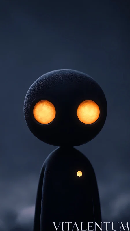 Black stylized figure with glowing orange eyes stands centered