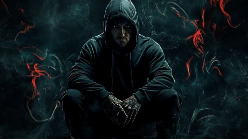 Hooded man crouching in dark smoky environment.