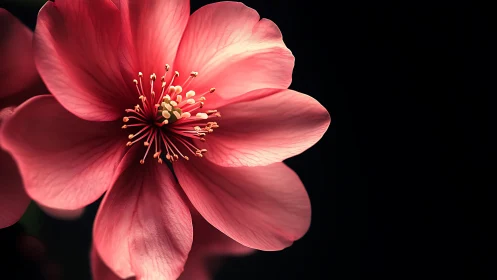 Close-up pink flower shows detailed petals and stamens