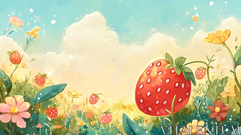 Strawberry meadow glows under pastel sunrise sky.