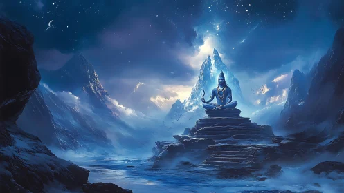 Serene blue deity meditating in icy mountain landscape.