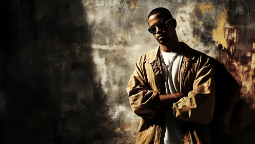 Side-lit urban portrait against textured distressed wall.