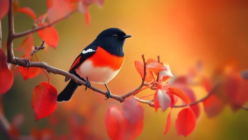 Striking songbird on autumn branch with vivid red-orange leaves.
