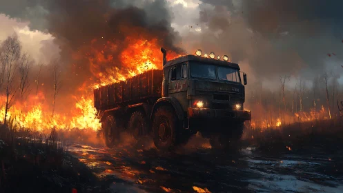 Rugged truck pushes forward through a fierce forest blaze