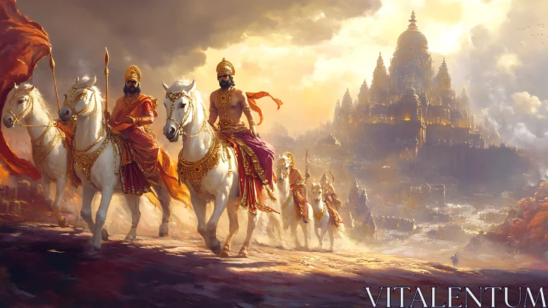 Armored cavalry advance toward luminous temple under stormlit sky