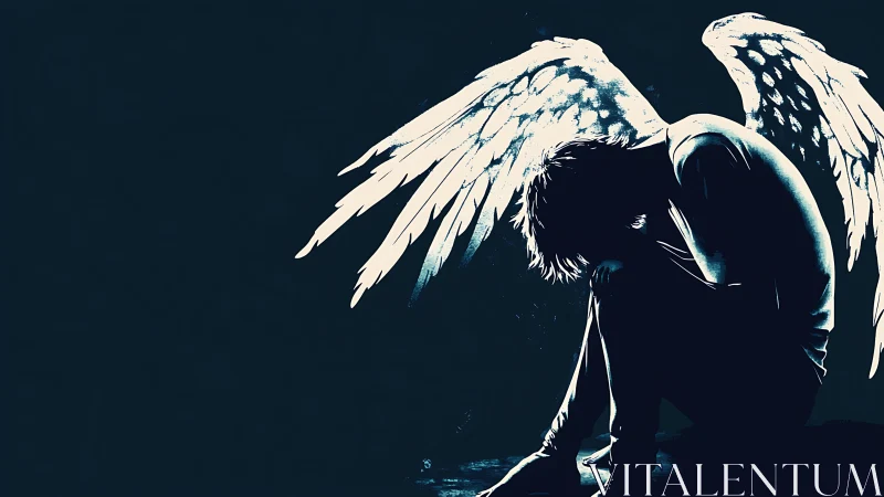 Fallen angel sits in darkness, wings glowing against despair