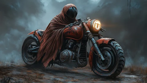 Hooded rider on modified motorcycle in foggy environment