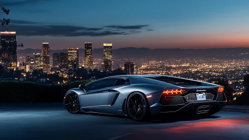 Twilight city lights glimmer around a sleek silver supercar.