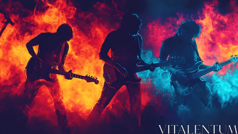 Rock band silhouettes perform amid intense red and blue flames