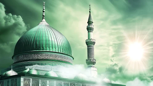 Green mosque dome and tall minaret stand under bright sun