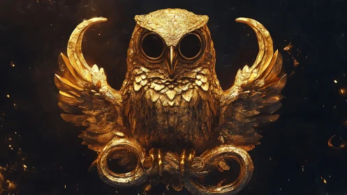 Gilded mechanical owl crest with ornate curved wings.