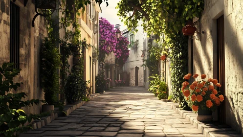 Sunlit Mediterranean alleyway glows with flowers and ivy