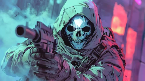 Hooded skull-masked tactical operator aiming rifle in neon haze