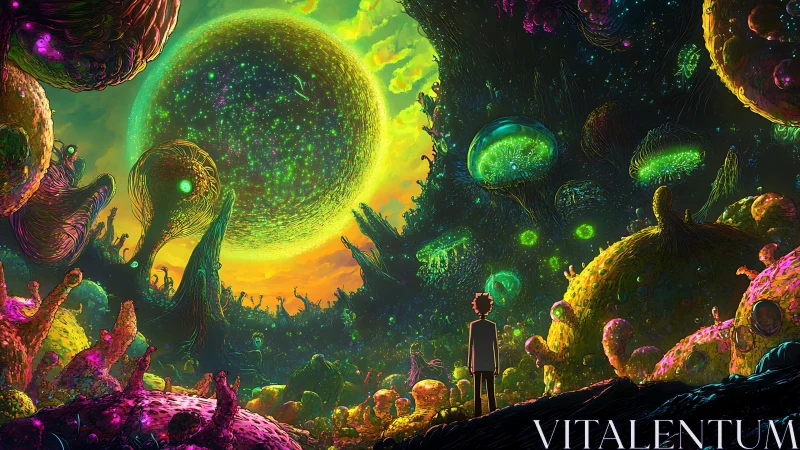 Neon cosmic biosphere with lone observer in panoramic frame.