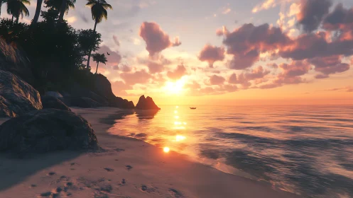 Tropical beach shoreline at calm orange sunset light.