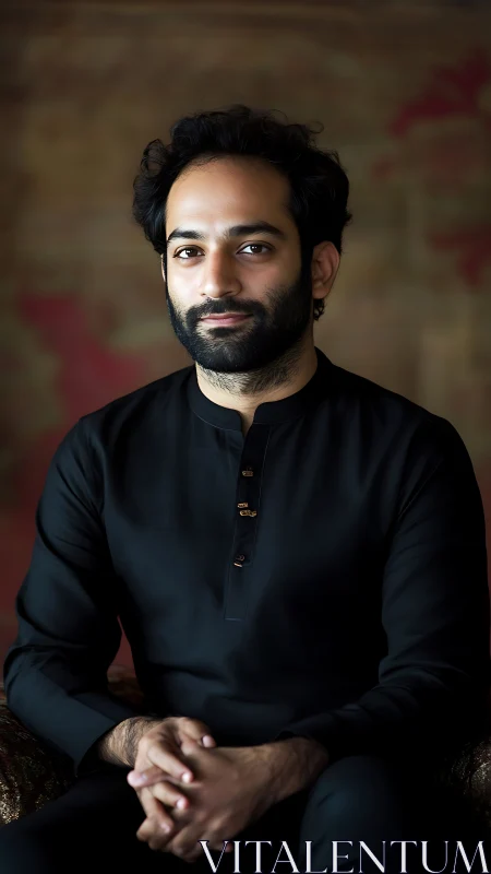 Calm man in black kurta posed against warm backdrop.