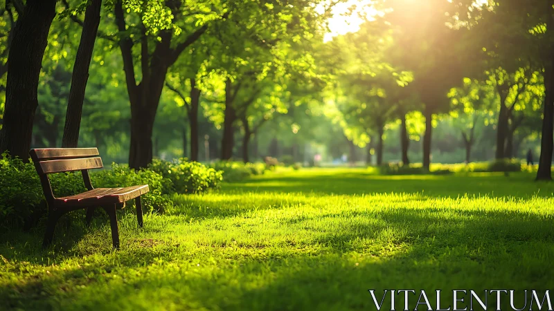 Wooden park bench stands in a sunlit, tree-lined lawn
