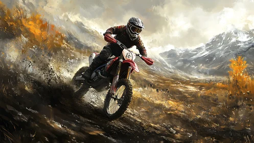 Motocross rider accelerates through muddy mountain trail