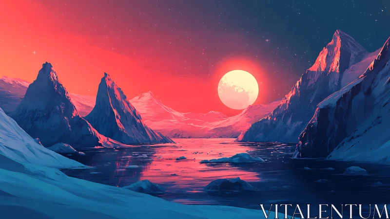 Crimson sun over frozen alien fjord at twilight glow.