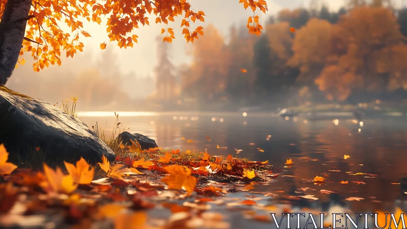 Cinematic autumn lakeside scene with shallow depth of field.