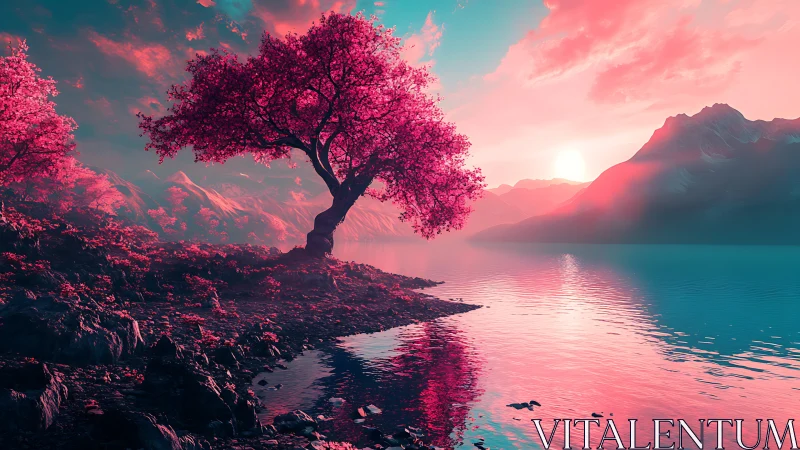 Dreamlit pink tree watching over a serene neon lake.