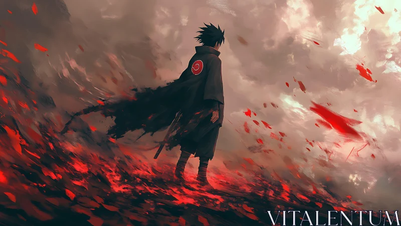 Solitary anime figure in red storm on desolate landscape.