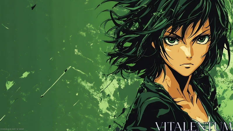 Anime character with intense stare against abstract green field