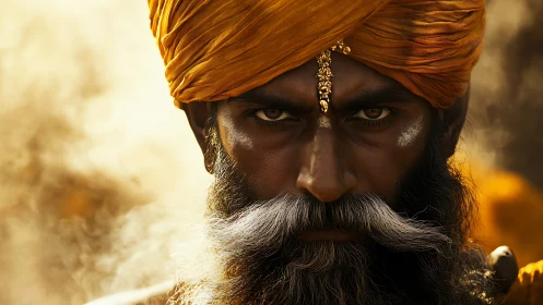 Golden turbaned elder gazes with strength and quiet resolve
