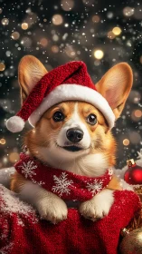 Corgi in red Santa attire posed against bokeh holiday light field