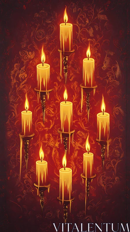 Vertical array of glowing candles over ornate crimson background
