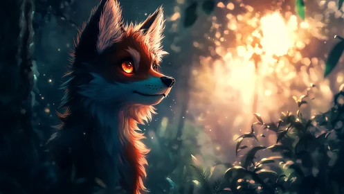 Dawnlit woodland fox with ember-bright eyes in dreamlight.