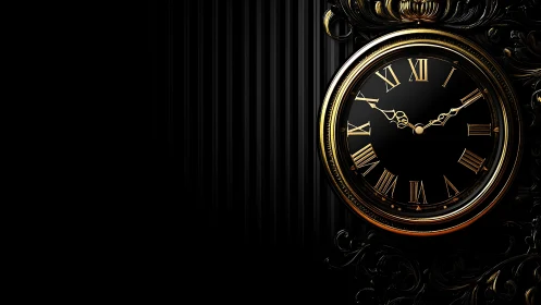 Ornate black and gold clock on dramatic dark backdrop.