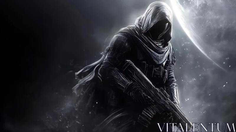 Hooded space operative with rifle beneath fractured moon.