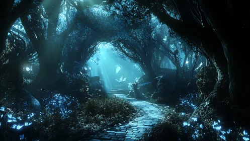 Bioluminescent Cavern Gateway with Luminous Pathways