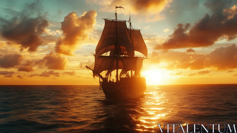 Sunlit sailing ship drifting gently across golden waters.