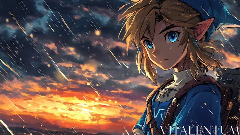 Elf-eared anime warrior in rain before stormy sunset sky.