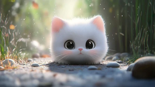 Fluffy white cat in garden setting with soft light glow.