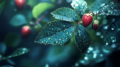 Rain-kissed leaves with red berries in cool teal light.